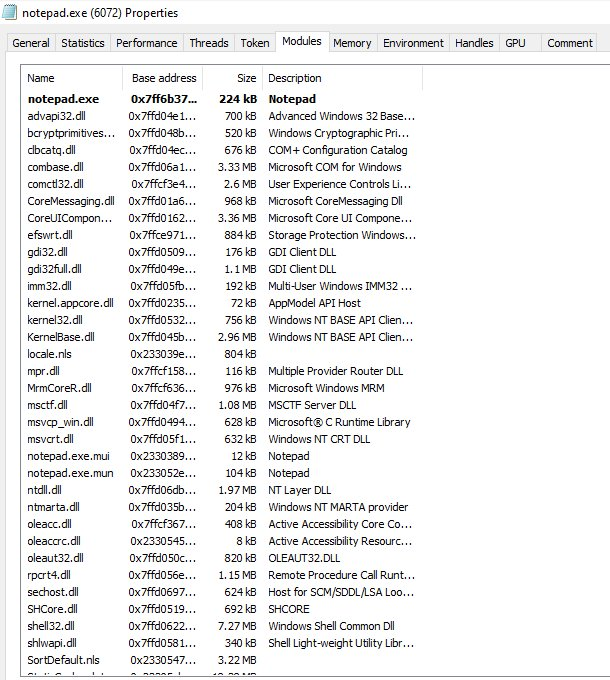 notepad.exe modules before injection - no malicious_dll.dll present