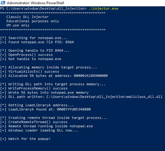 PowerShell terminal showing injector output
