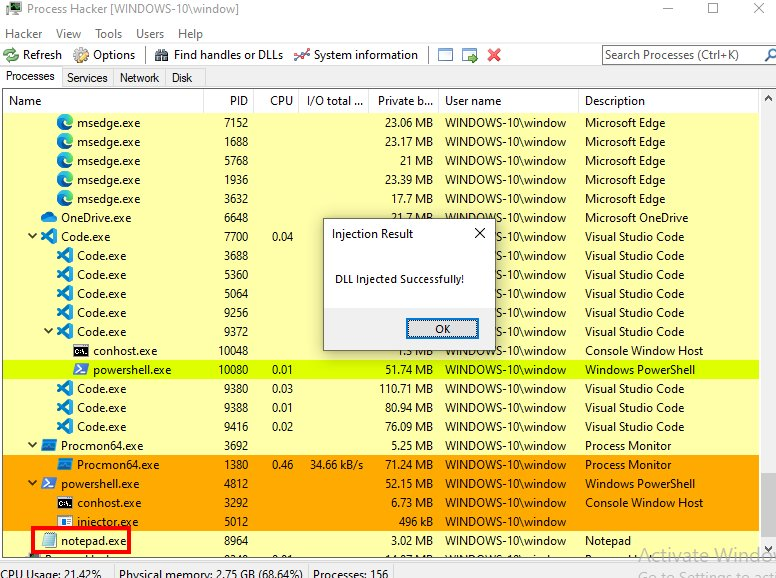 DLL Injected Successfully popup with Process Hacker in background